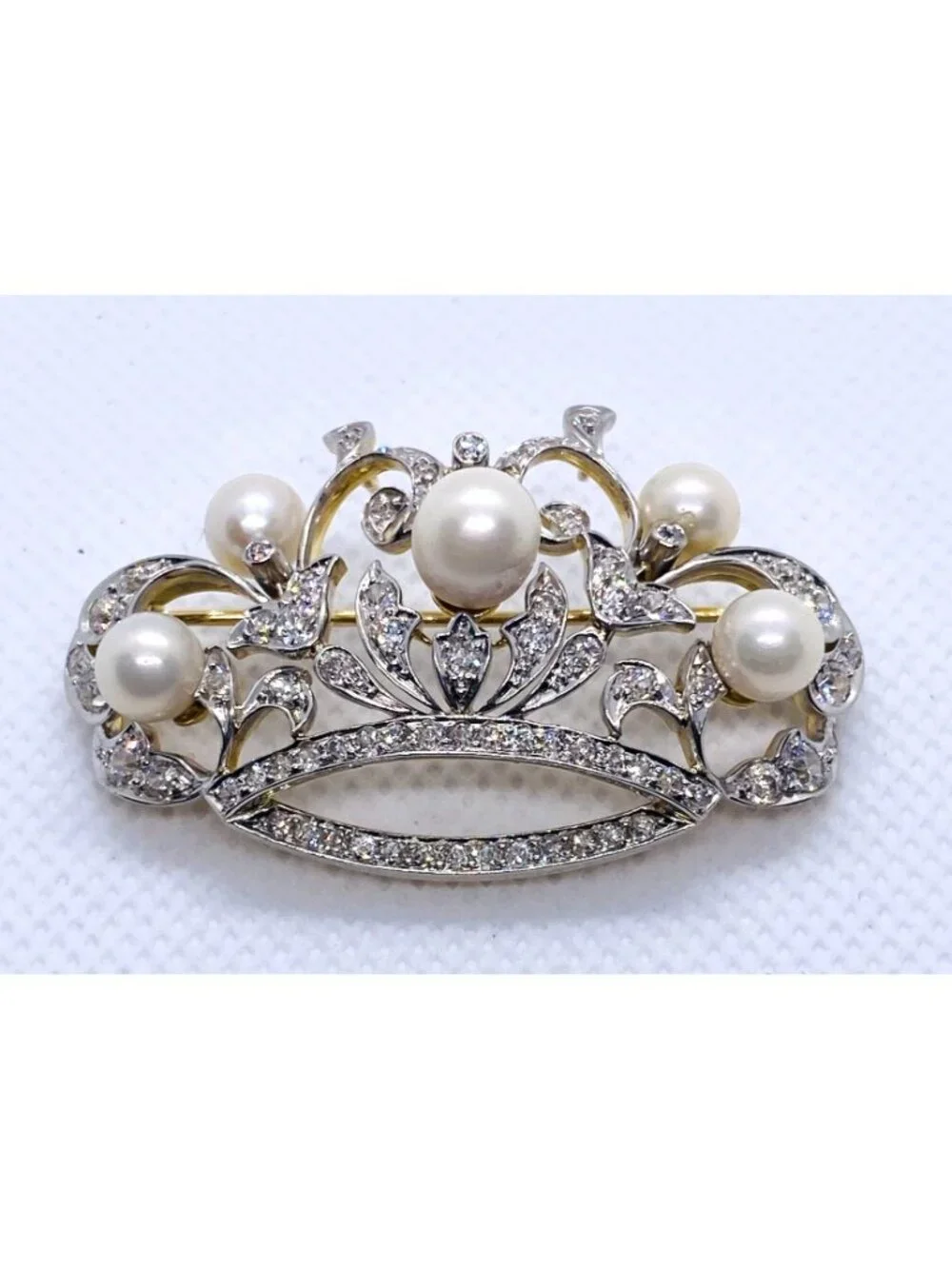 Platinum 950 18K Yellow Gold Pearl & Diamond Tiara Brooch